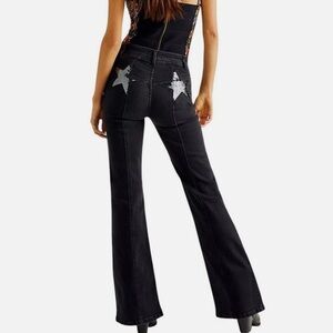 Free People Black Flare Jeans with Silver Sequin Star Pockets